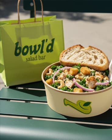 Salada em pote personalizado ao lado de uma sacola